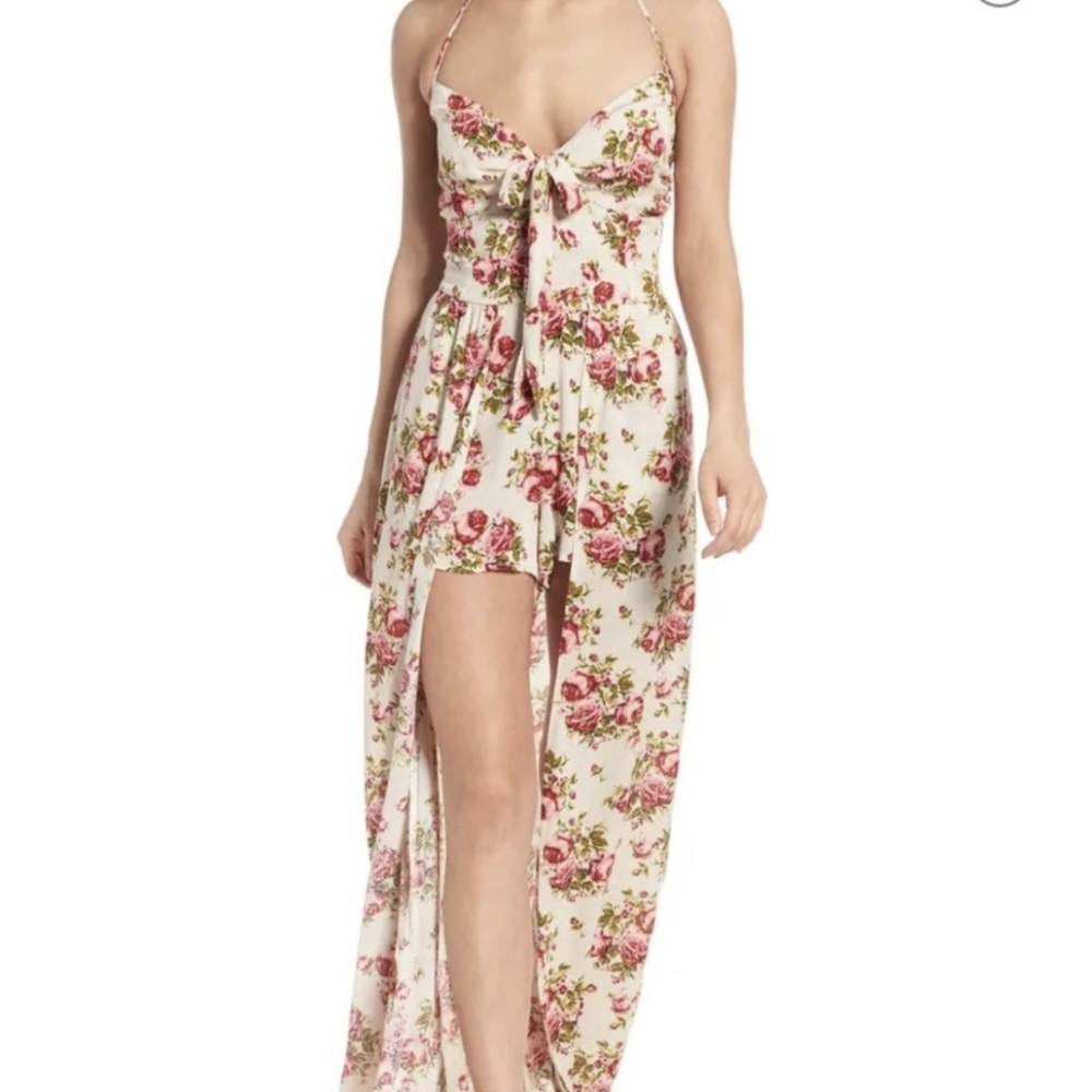 NWT Band of Gypsies high low floral romper ivory and pink